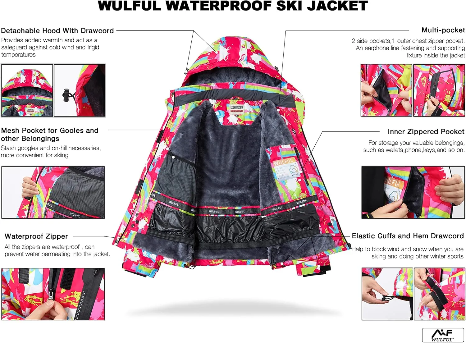 WULFUL Women’s Waterproof Snow Ski Jacket Mountain Windproof Winter Coat with Detachable Hood