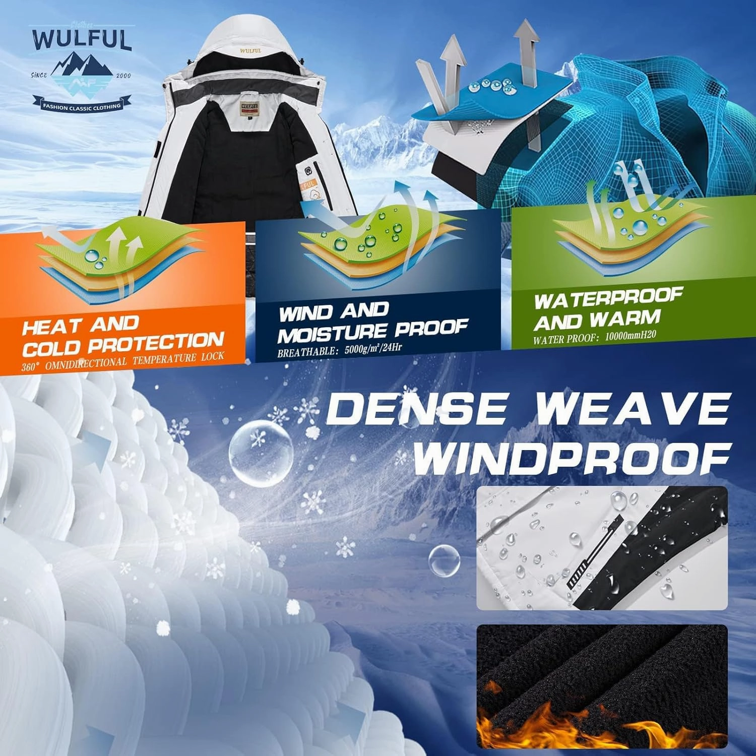 WULFUL Women’s Waterproof Snow Ski Jacket Mountain Windproof Winter Coat with Detachable Hood