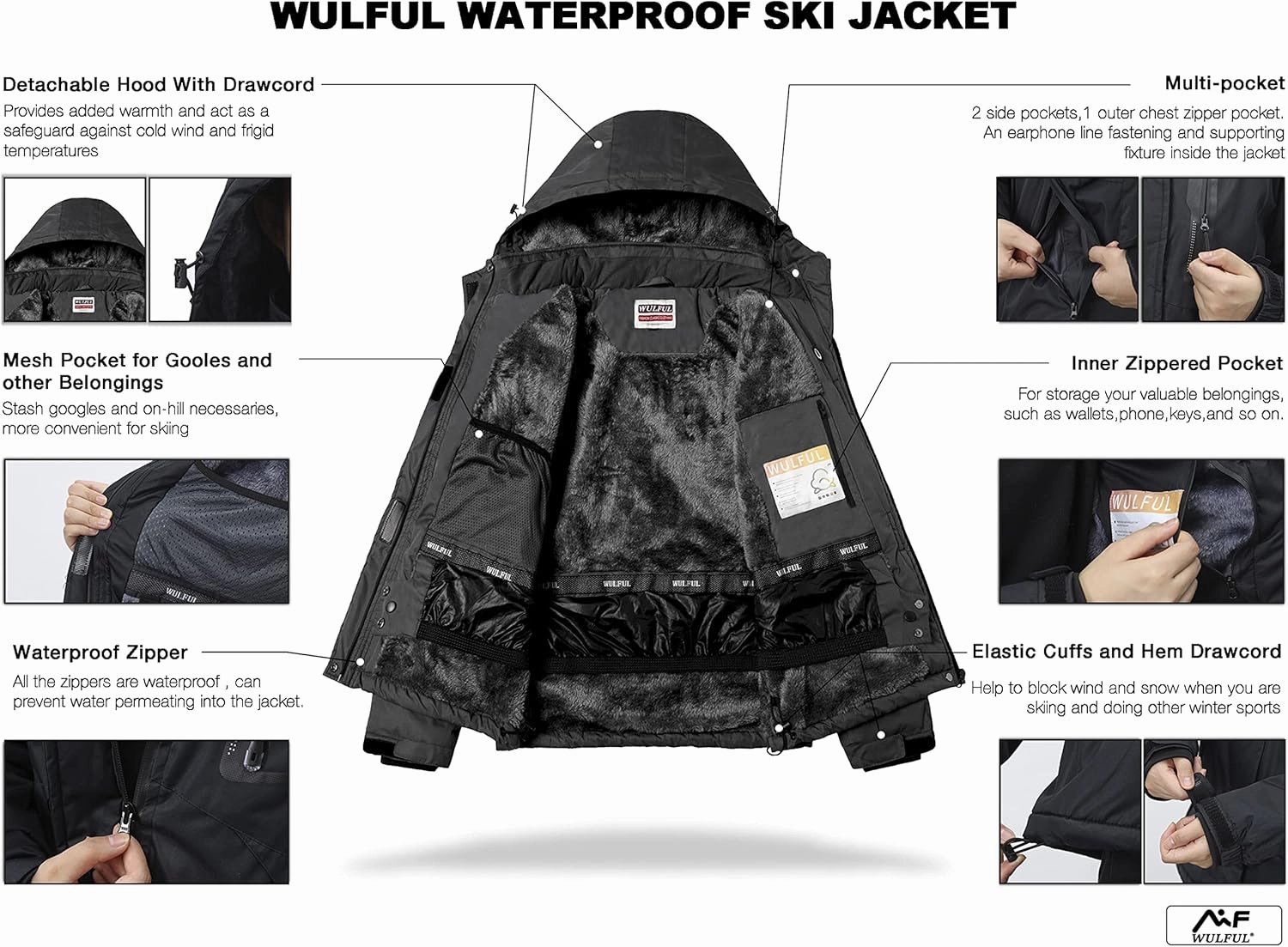 WULFUL Women’s Waterproof Snow Ski Jacket Mountain Windproof Winter Coat with Detachable Hood