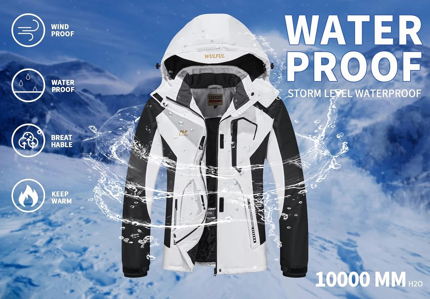 WULFUL Women’s Waterproof Snow Ski Jacket Mountain Windproof Winter Coat with Detachable Hood