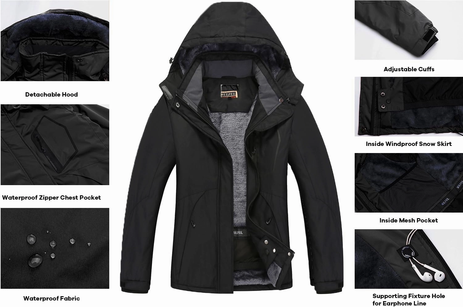 WULFUL Women’s Waterproof Snow Ski Jacket Mountain Windproof Winter Coat with Detachable Hood