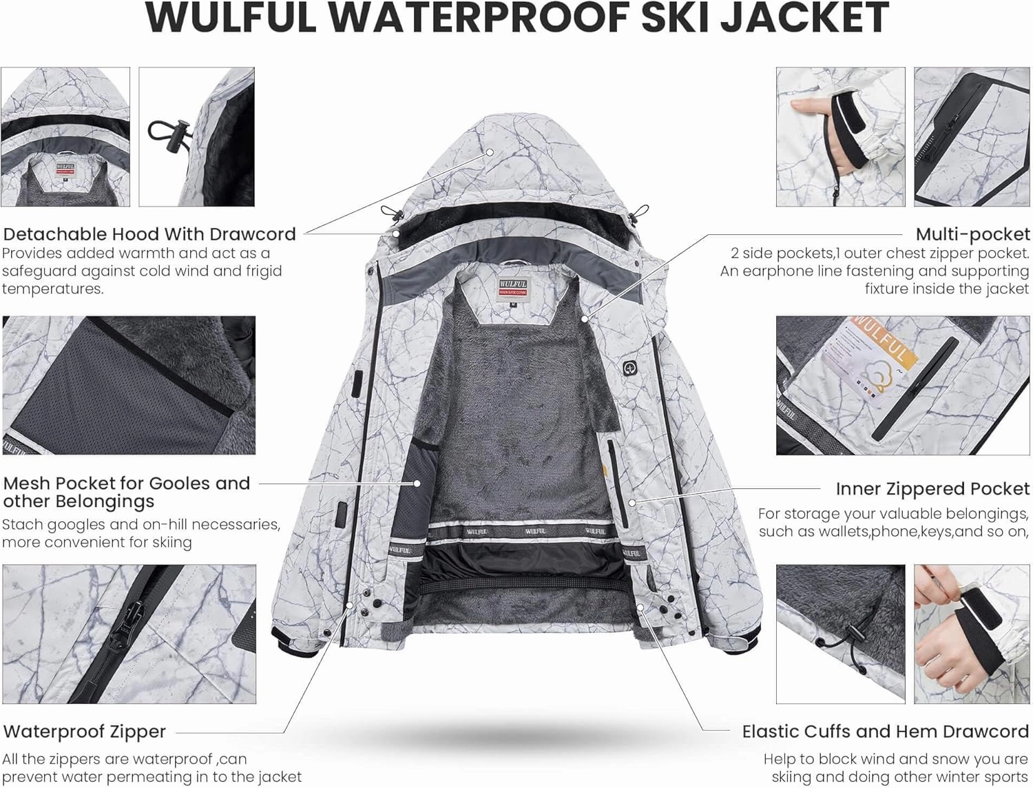 WULFUL Women’s Waterproof Snow Ski Jacket Mountain Windproof Winter Coat with Detachable Hood
