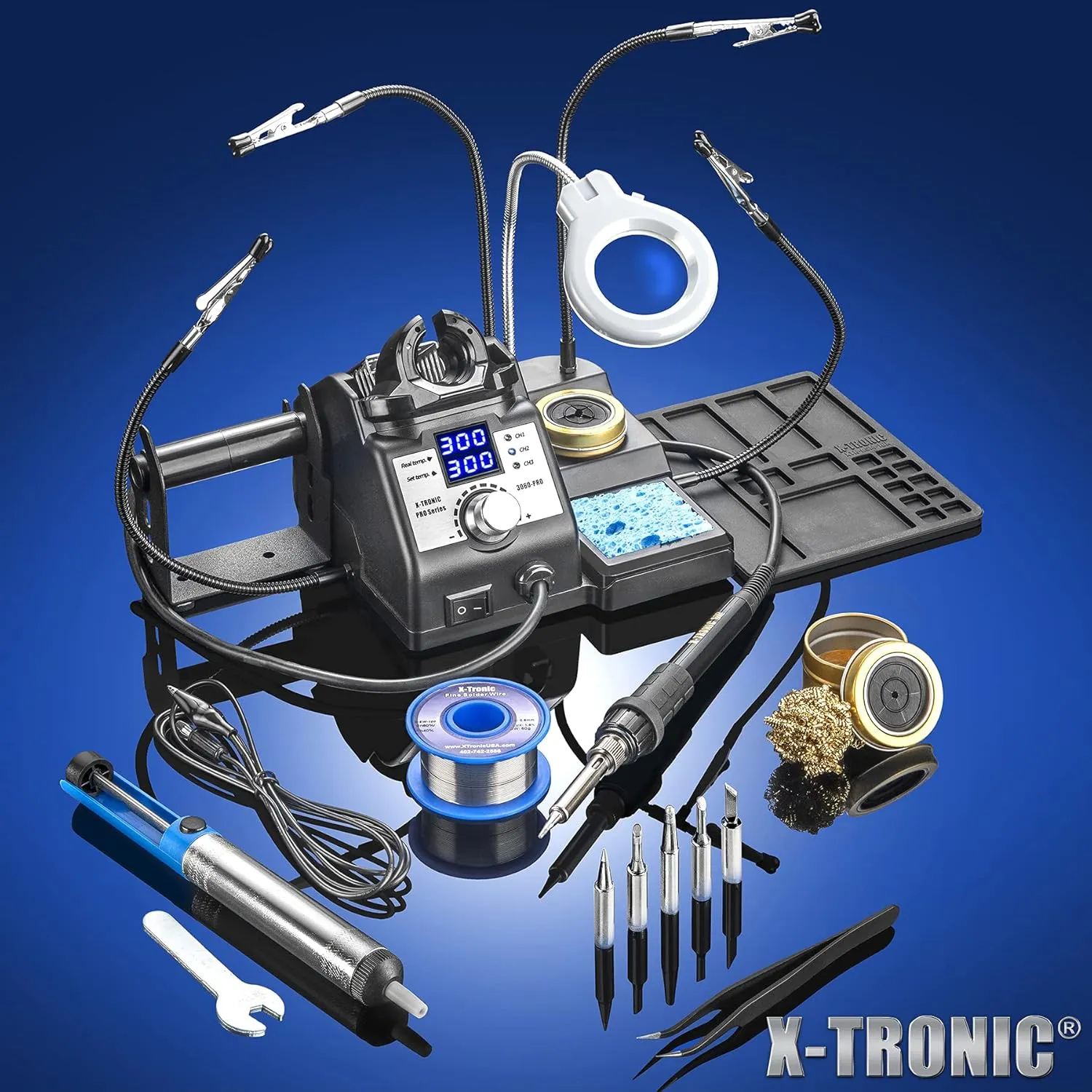 X-Tronic 3060-PRO • 75W Soldering Iron Station Kit • 5 Extra Tips • Mini Mag Lamp • 4 Helping Hands • Solder Sucker • Tweezers • 50g Solder • Brass Sponge w/Flux • Sleep Func, °C/°F, 3 Temp Presets!