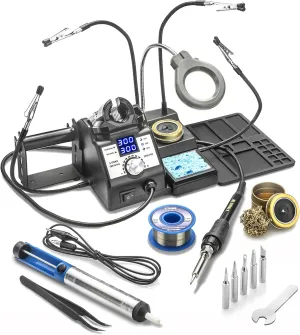 X-Tronic 3060-PRO • 75W Soldering Iron Station Kit • 5 Extra Tips • Mini Mag Lamp • 4 Helping Hands • Solder Sucker • Tweezers • 50g Solder • Brass Sponge w/Flux • Sleep Func, °C/°F, 3 Temp Presets!