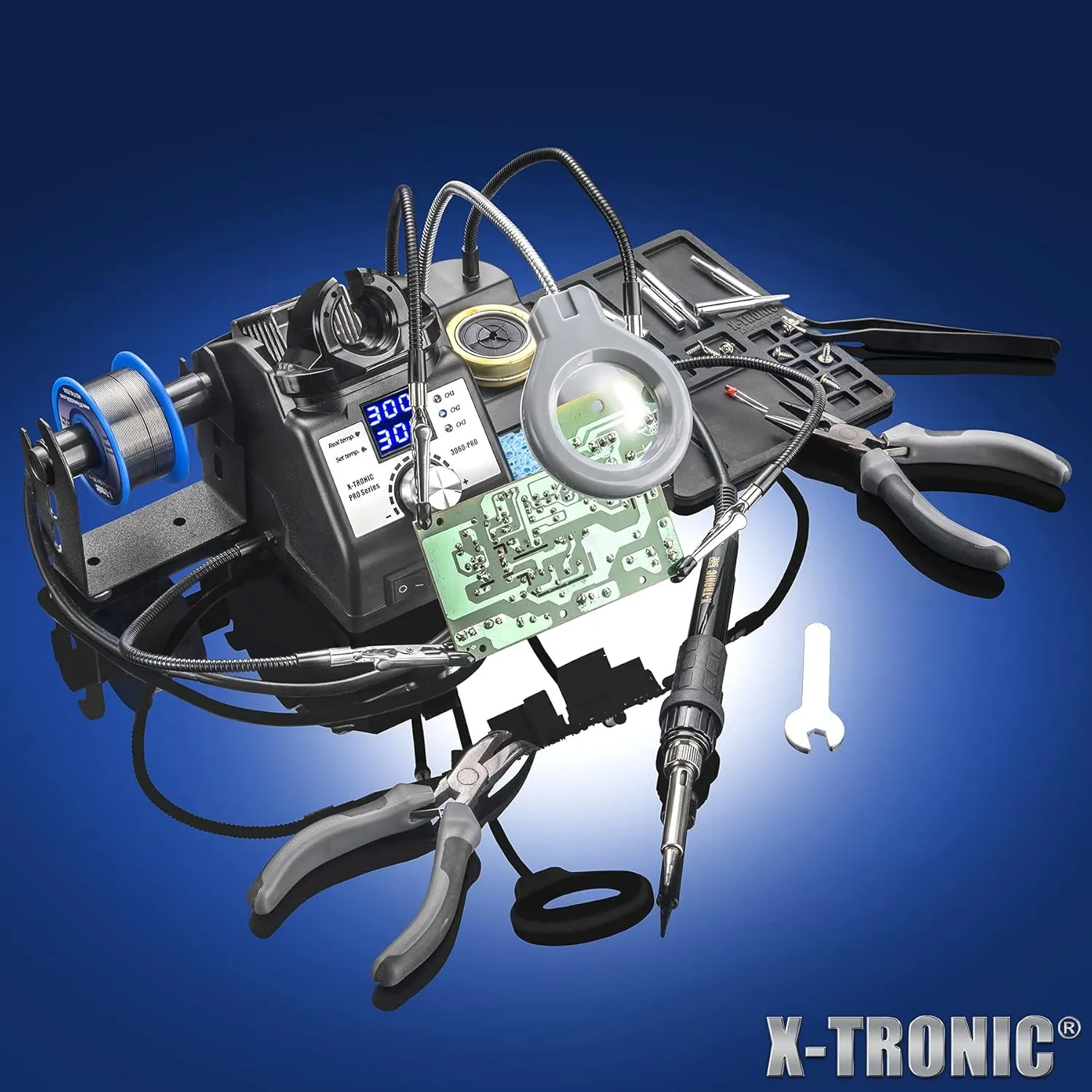 X-Tronic 3060-PRO • 75W Soldering Iron Station Kit • 5 Extra Tips • Mini Mag Lamp • 4 Helping Hands • Solder Sucker • Tweezers • 50g Solder • Brass Sponge w/Flux • Sleep Func, °C/°F, 3 Temp Presets!