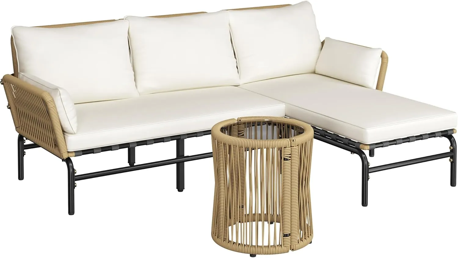 Yaheetech 3 Pieces L-Shaped Conversation Sofa Set, Outdoor Patio Furniture Set w/Detachable Lounger, Thick Cushions, Glass Side Table for Patio, Backyard, Porch, Garden
