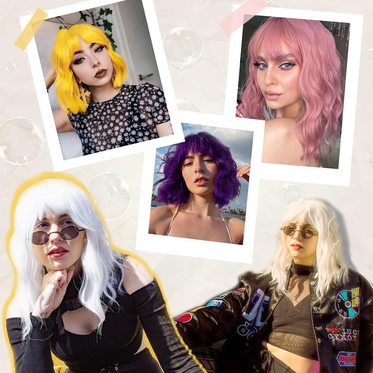 Yellow Wig with Bangs Short Bob Wavy Wig for Women Shoulder Length Loose Wavy Synthetic Colorful Bob Wigs for Girl Costume Cosplay Wig