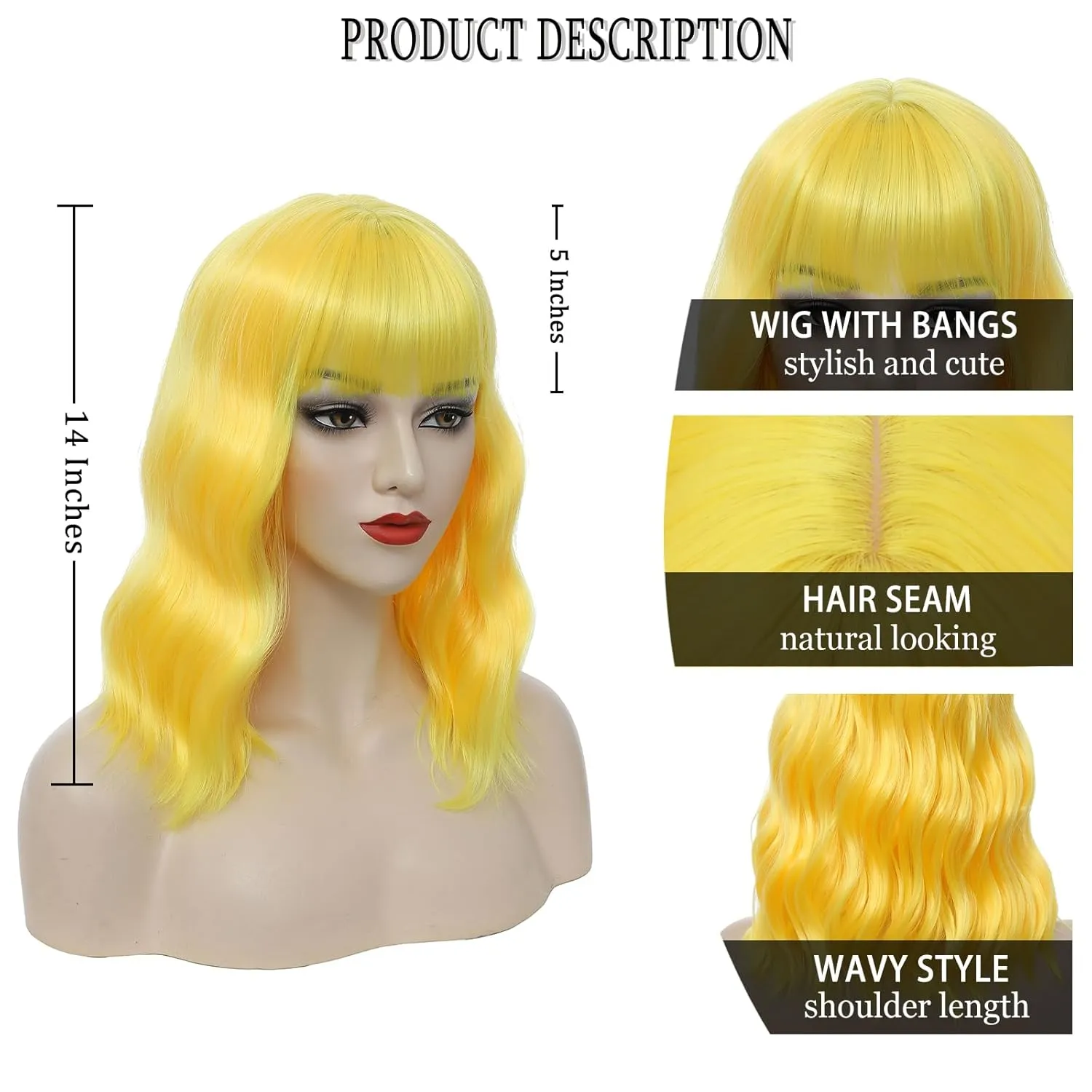 Yellow Wig with Bangs Short Bob Wavy Wig for Women Shoulder Length Loose Wavy Synthetic Colorful Bob Wigs for Girl Costume Cosplay Wig