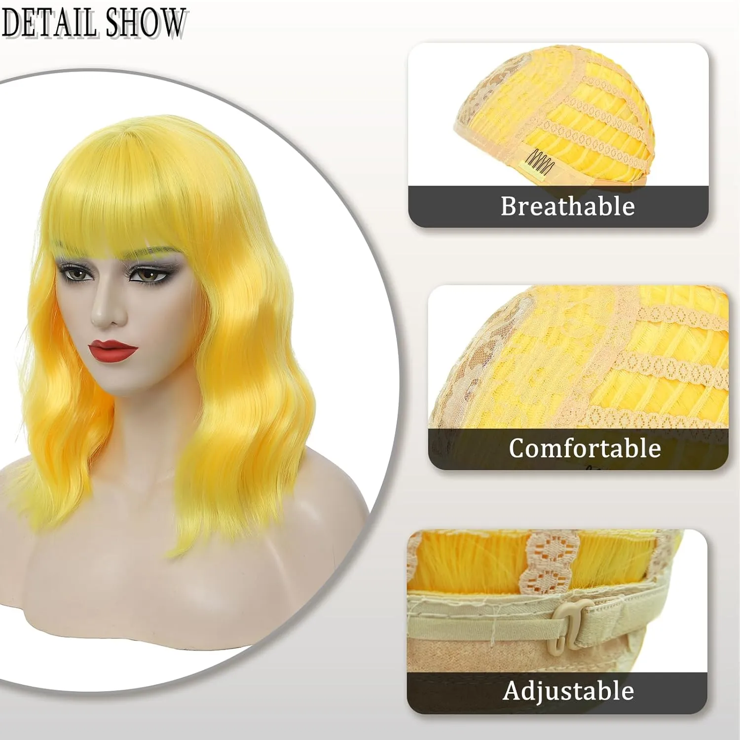 Yellow Wig with Bangs Short Bob Wavy Wig for Women Shoulder Length Loose Wavy Synthetic Colorful Bob Wigs for Girl Costume Cosplay Wig