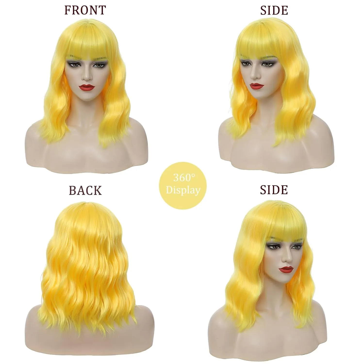 Yellow Wig with Bangs Short Bob Wavy Wig for Women Shoulder Length Loose Wavy Synthetic Colorful Bob Wigs for Girl Costume Cosplay Wig