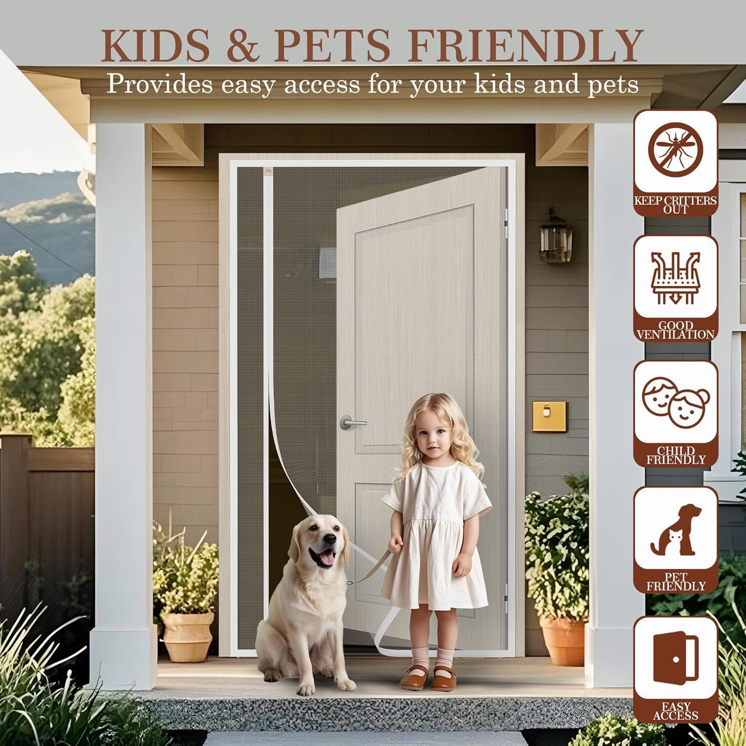 Yotache White Reversible Left Right Side Opening Magnetic Screen Door Fits Door Size 32 x 82, Unobstructed View Upgraded Polyester Mesh for Back Door, Actual Screen Size 34" x 83"