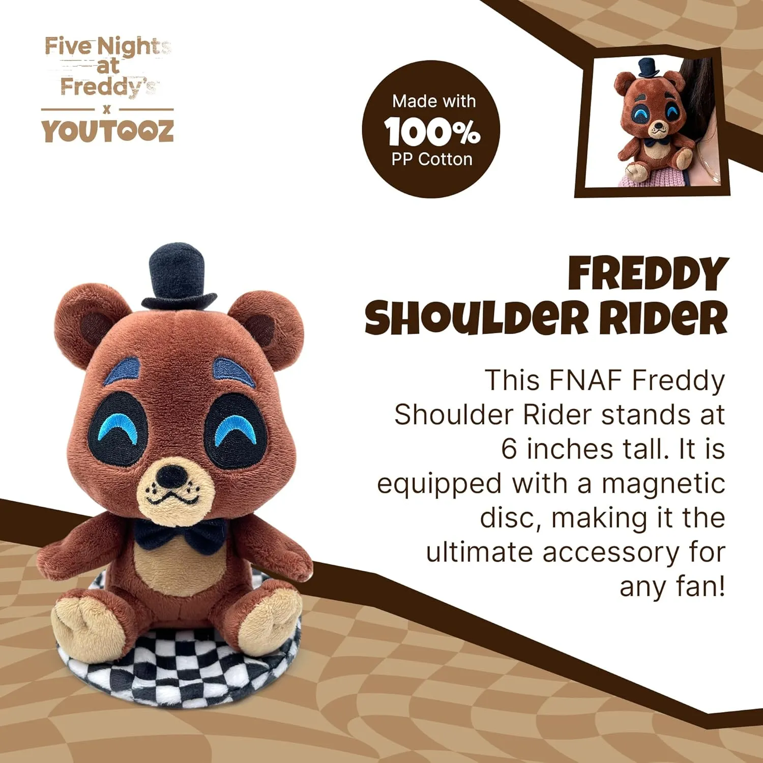 Youtooz FNAF Freddy Plush 6IN Shoulder Rider, Collectible Soft Magnetic Freddy Shoulder Rider Plushie from Five Night's at Freddys, By Youtooz FNAF Plush Collection