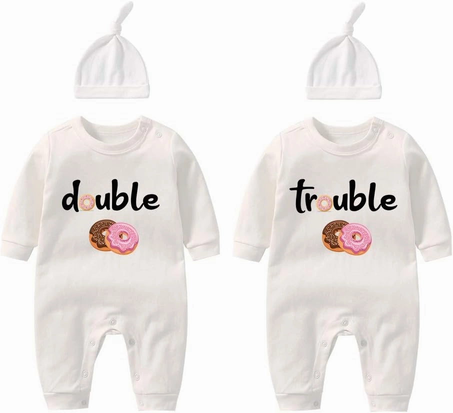 YSCULBUTOL Baby Twins Bodysuits Funny Double Trouble Cute Girl Romper Twin Jumpsuits Hat Set