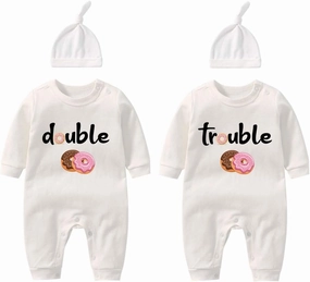 YSCULBUTOL Baby Twins Bodysuits Funny Double Trouble Cute Girl Romper Twin Jumpsuits Hat Set