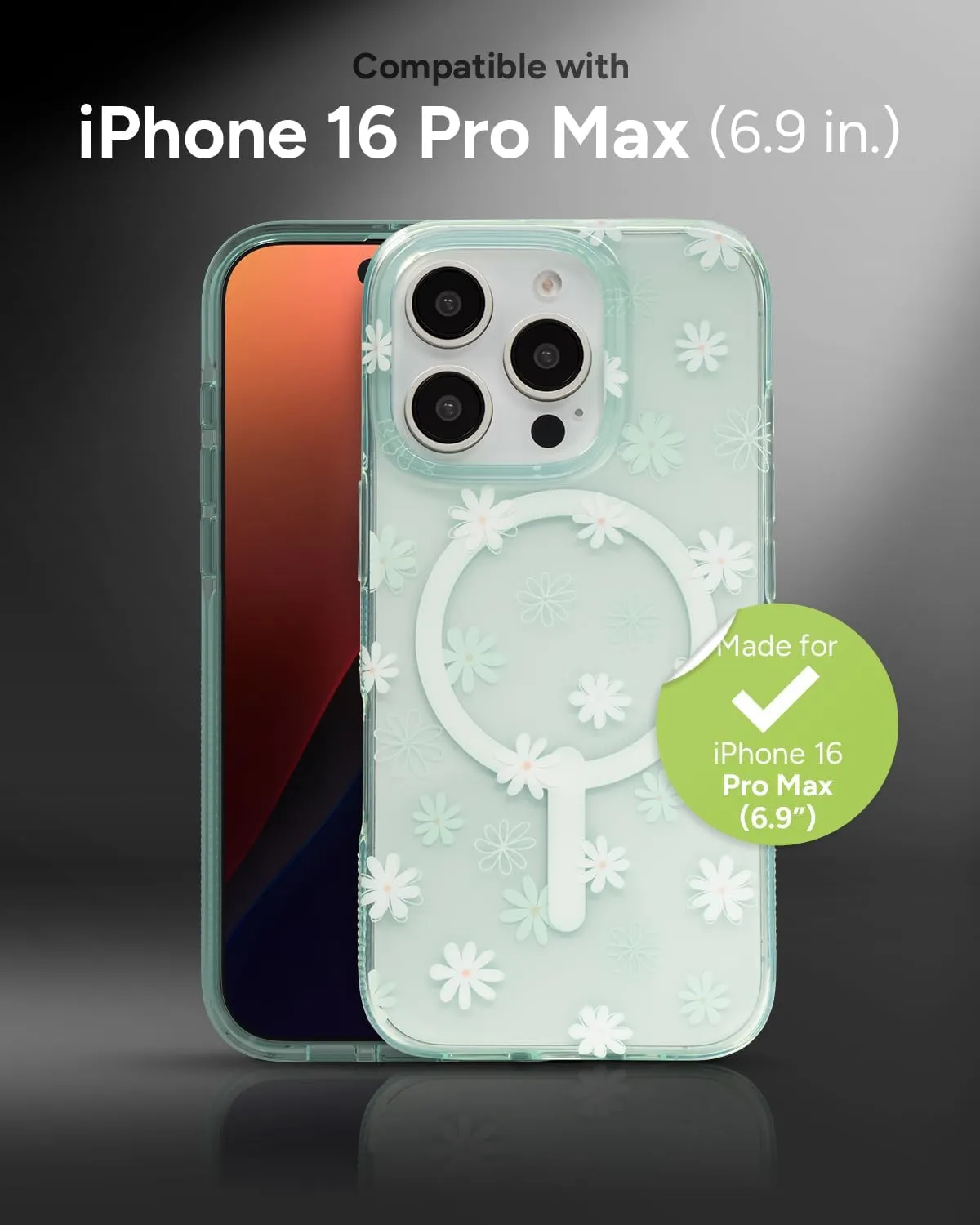ZAGG Milan Snap Case for iPhone 16 Pro Max - White Floral Design on Green Transparent Base, MagSafe Compatible, 13ft Drop Protection, Eco-Friendly, Graphene Reinforced, Green Daisies