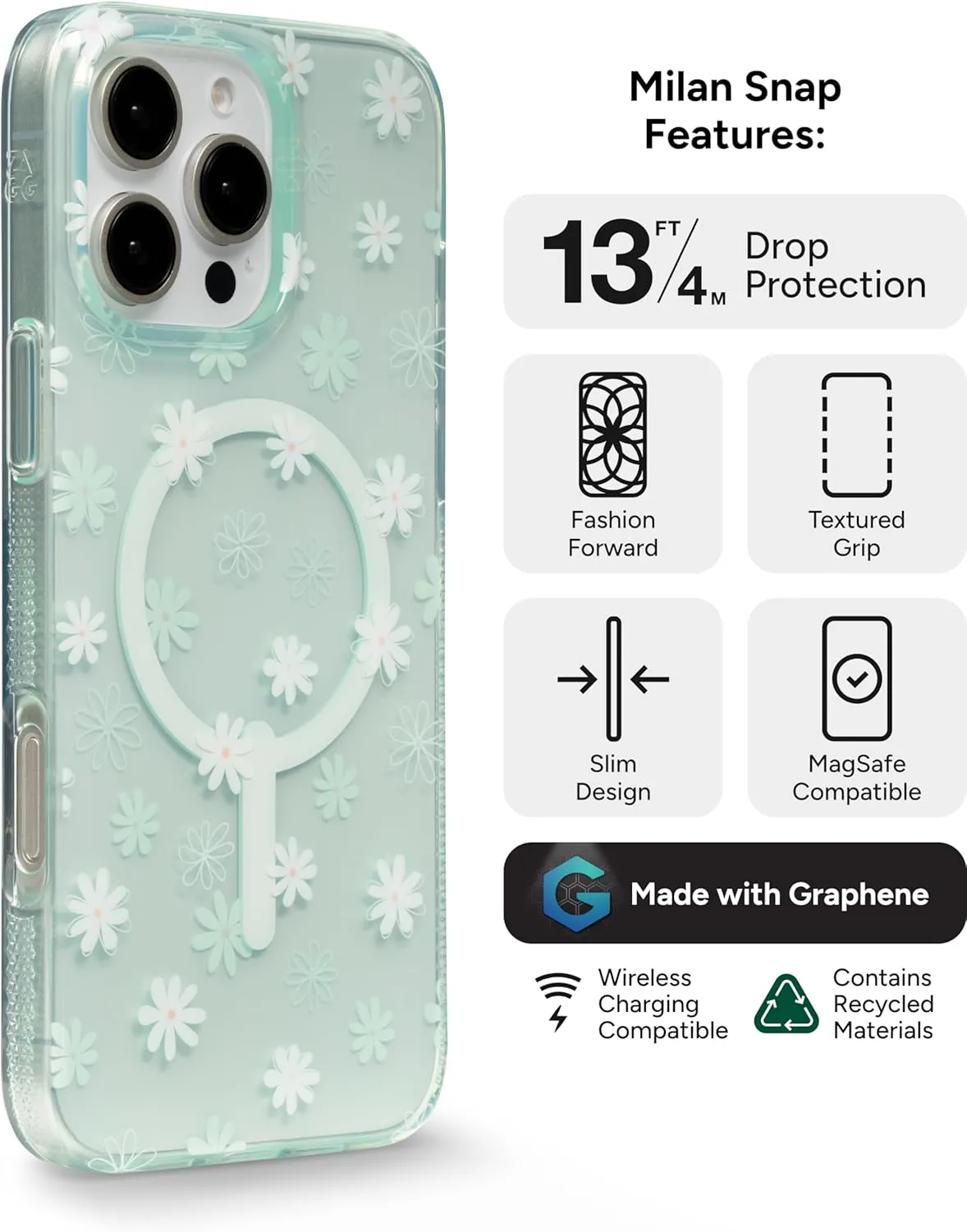 ZAGG Milan Snap Case for iPhone 16 Pro Max - White Floral Design on Green Transparent Base, MagSafe Compatible, 13ft Drop Protection, Eco-Friendly, Graphene Reinforced, Green Daisies