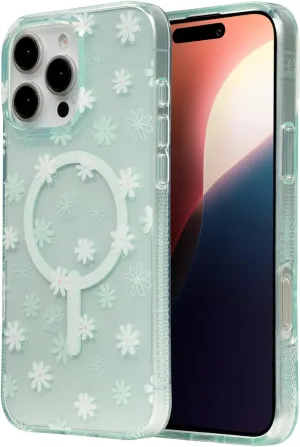 ZAGG Milan Snap Case for iPhone 16 Pro Max - White Floral Design on Green Transparent Base, MagSafe Compatible, 13ft Drop Protection, Eco-Friendly, Graphene Reinforced, Green Daisies