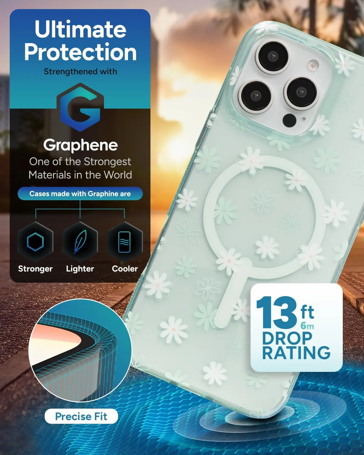 ZAGG Milan Snap Case for iPhone 16 Pro Max - White Floral Design on Green Transparent Base, MagSafe Compatible, 13ft Drop Protection, Eco-Friendly, Graphene Reinforced, Green Daisies