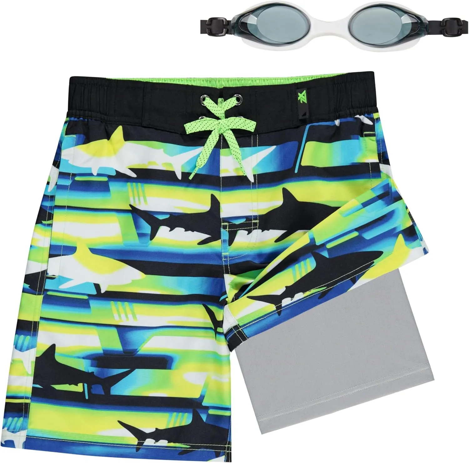 ZeroXposur Boys Swim Trunks with Compression Liner and Goggles, Quick Dry Swim Shorts