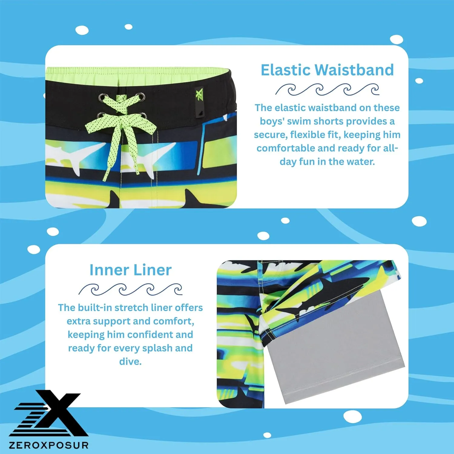 ZeroXposur Boys Swim Trunks with Compression Liner and Goggles, Quick Dry Swim Shorts