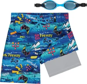 ZeroXposur Boys Swim Trunks with Compression Liner and Goggles, Quick Dry Swim Shorts