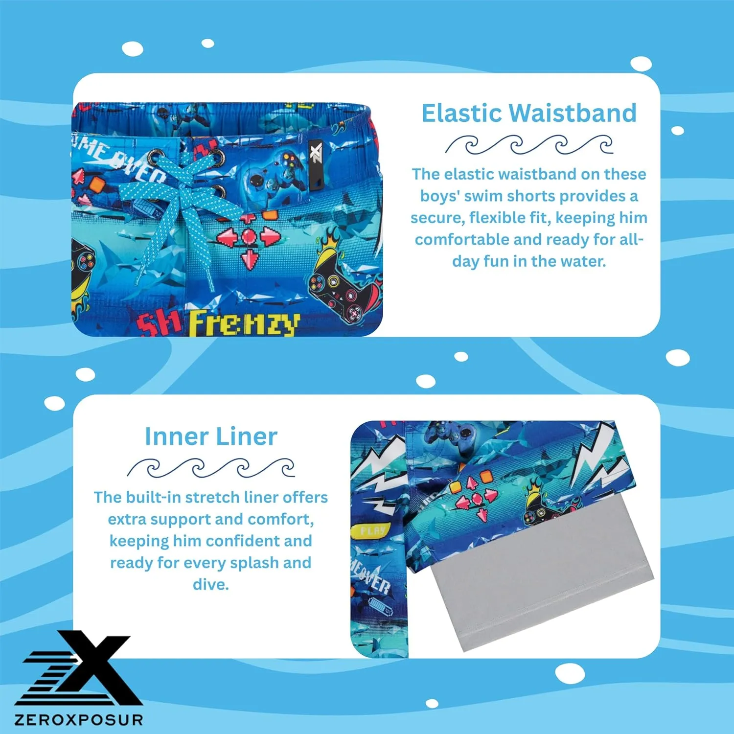 ZeroXposur Boys Swim Trunks with Compression Liner and Goggles, Quick Dry Swim Shorts