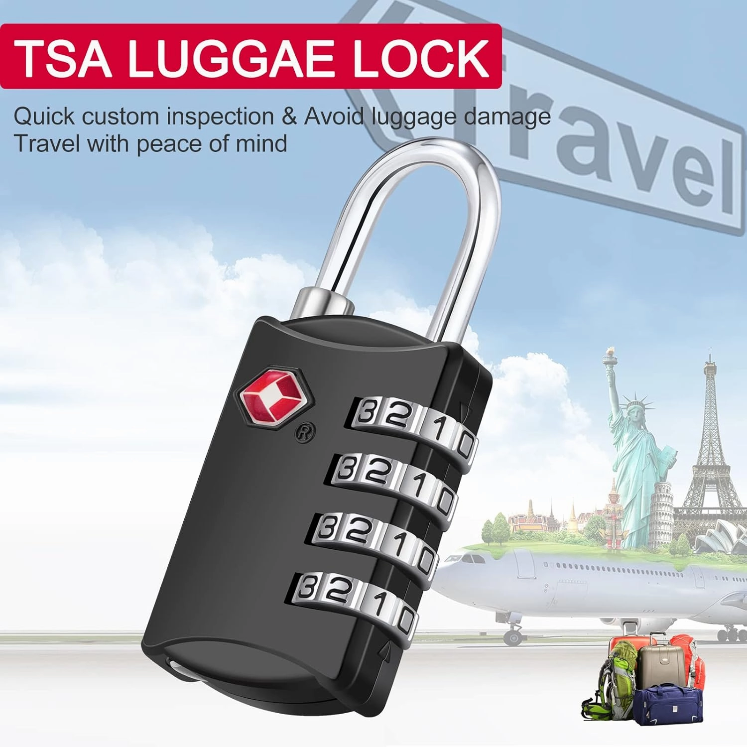 ZHEGE Travel Lock 2 Pack, TSA Locks for Luggage with Flexible Cable (80cm) for Gym, Suitcases, Backpack, Baggage, Easy Read Dials with Alloy Body (Black, 2Pack)