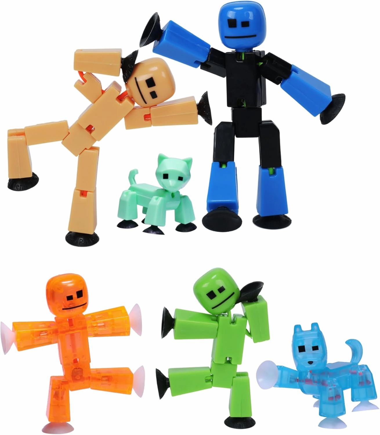 Zing Stikbot Family Pack, Set of 6 Stikbot Collectable Action Figures, Includes 2 Stikbots, 2 Junior Stikbots, 1 Dog, and 1 Cat, Stop Motion Animation - in Eco-Friendly Packaging, Age 4 