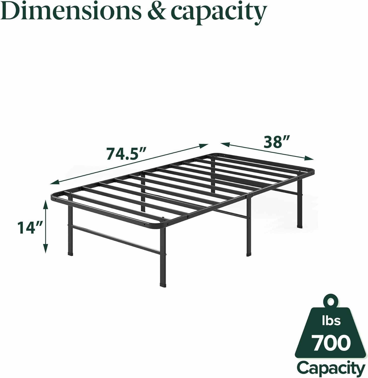 ZINUS Rumi 14in Twin Metal Bed Frame, Quick Assembly SmartBase® Mattress Foundation, Heavy Duty Sturdy Steel with No Box Spring Needed, Eco-Friendly Packaging, Black