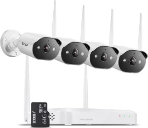 ZOSI 2K Wi-Fi 6 Security Camera System,4pcs 3MP Plug-in Metal WiFi Cameras Indoor Outdoor,AI Person Detection,Color Night Vision,2 Way Audio,8CH 4K NVR with 64GB SD Card for Motion Recording