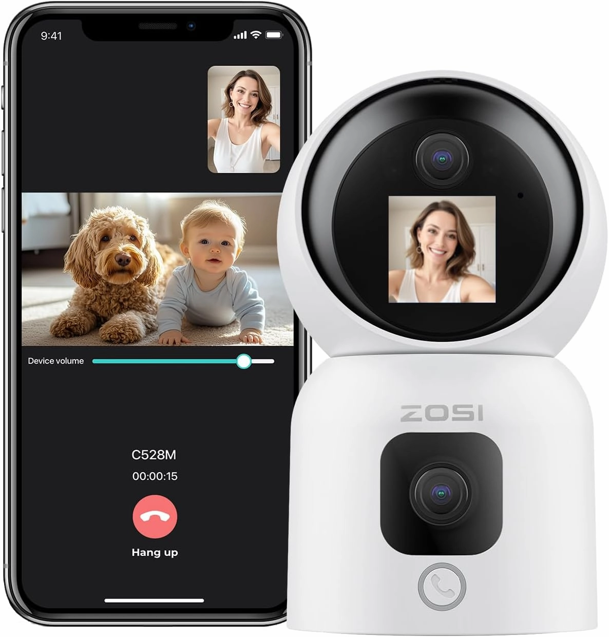 ZOSI 2K Dual-Lens Indoor Camera, Two-Way Video, Gesture/One-Touch Calling, Human Tracking, C528M 360° View Pan/Tilt Home Plug-in Security Camera, Baby/Pet Dog Monitor, 2.4G/5G Dual-Band WiFi